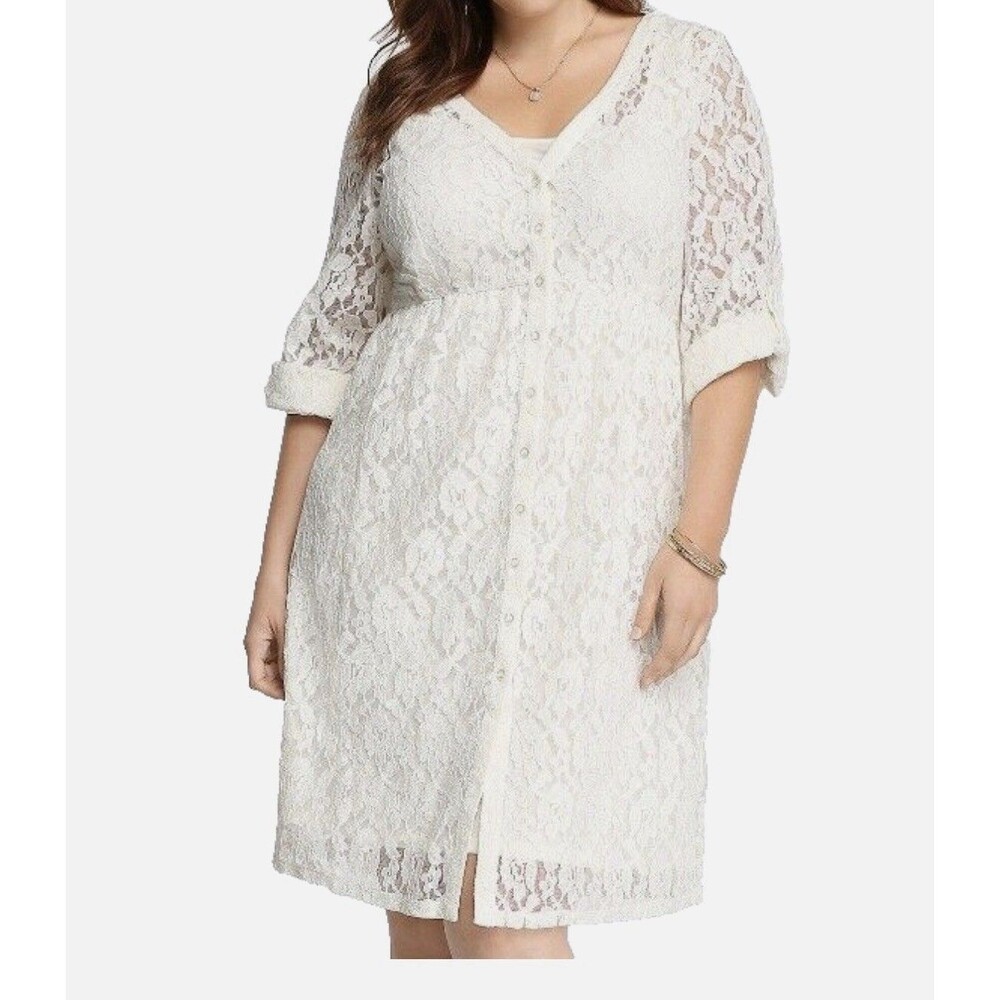 Torrid Ivory Lace Overlay Dress Knee Empire Waist Button Roll Tab Sleeves 2X